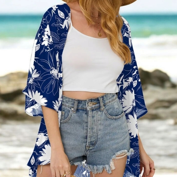 NEW! Navy Blue Floral Kimono Cardigan – Lightweight & Stylish Sz Large - Picture 5 of 5